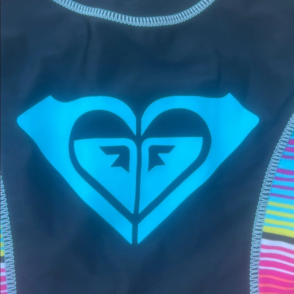 Roxy Girl Black Multicolor Striped Short Sleeve Rashguard Swim Top Girls Size 8